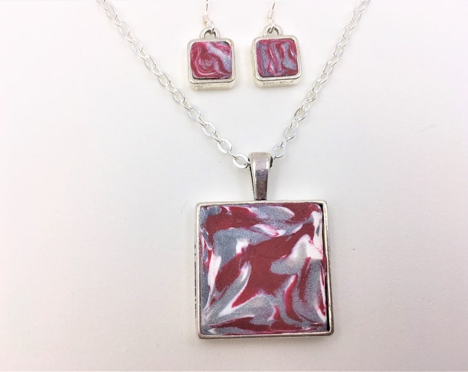 Red/Silver/White Handcrafted Silver Plate Polymer Clay Pendant and Earrings - Sterling Silver Earring Hooks - One of a Kind - Unique Gift