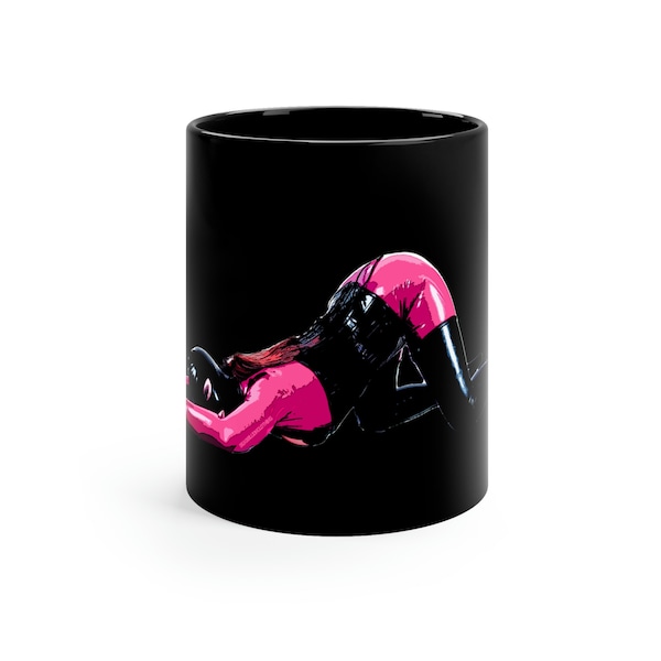 Kinky Fetish Hooded Latex Lady 11oz Black Mug