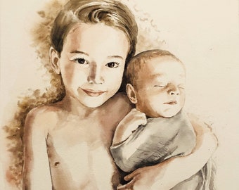 Retrato infantil, Retrato de niña, Retrato personal personalizado, Regalo pintado a mano, Retrato de niños, Retrato de recién nacido, Retrato hecho a mano