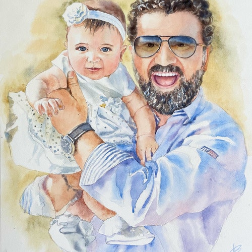 Fathers day gift, shops Portrait from photo, Child watercolor portrait, Custom kids portrait, Handmade family portrait, Personal individual gift