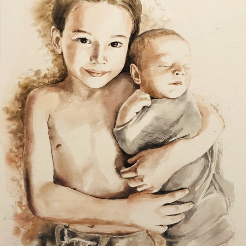 100% handmade Christmas gift, Child watercolor portrait, Custom grandma gift, Kids portrait, Personalized art portrait, Portrait from shops photo