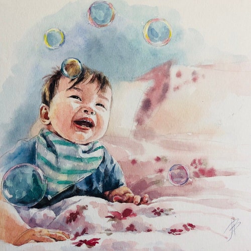 100% handmade Christmas gift, Child watercolor portrait, Custom grandma gift, Kids portrait, Personalized art portrait, Portrait from shops photo
