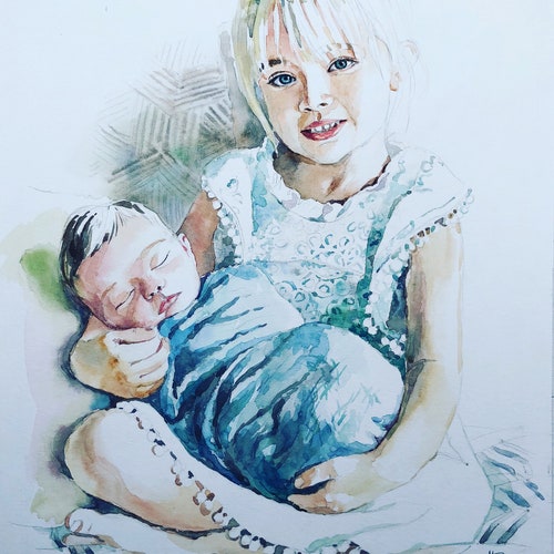 Commission watercolor family portrait children handmade portrait portrait from photo personal child portrait aquarelle portrait painting shops