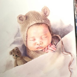 Commission handmade watercolor baby portrait from photo Personal hand painted newborn portrait painting Custom realistic family portrait