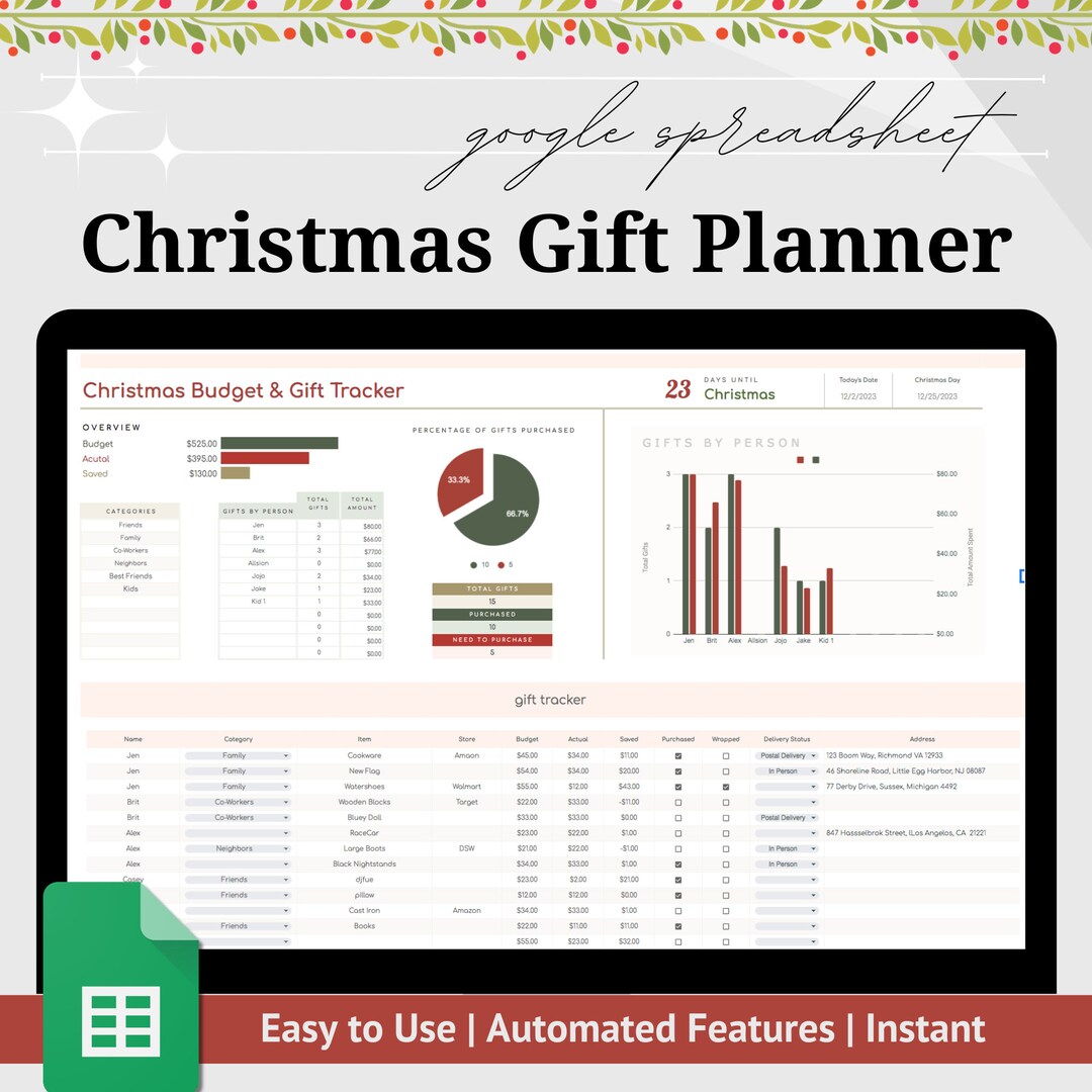 Christmas Gift Google Sheets Planner Christmas Budget - Etsy