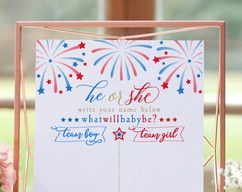 Fourth of July Gender Reveal Party, He or She, What will baby be?, Patriotic Baby Shower, Printable Decor, Gender Reveal Party, Instant