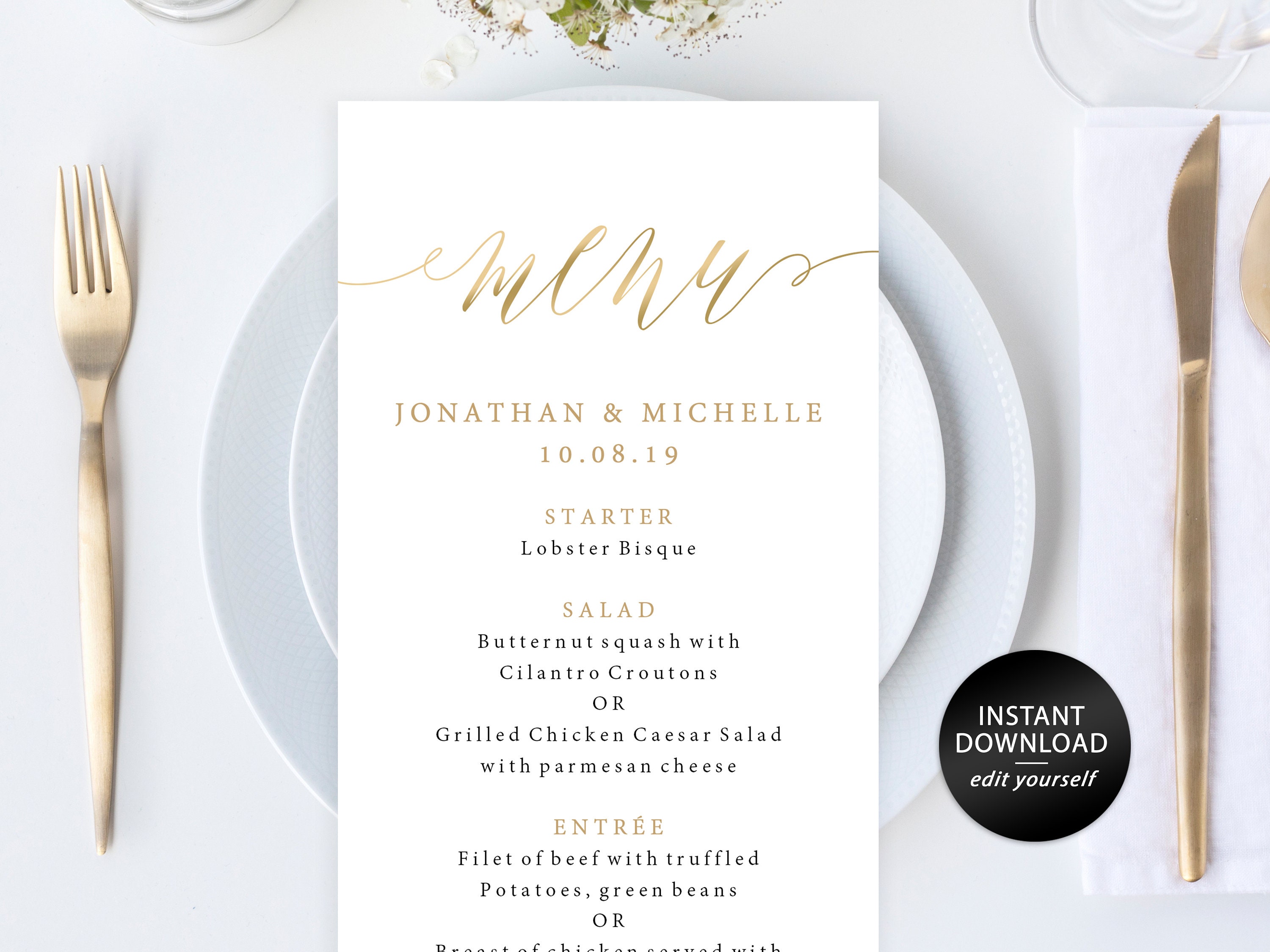 watercolour Editable pdf DIY Printable Decorations Event Menu INSTANT DOWNLOAD Templett Wedding Menu gold foil Food Menu