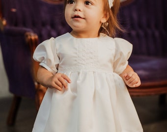 Satin Christening Gown Girl, White Baptism Dress, Christening Dress, Classic Baptismal Dress, Confirmation Dress for Girl, Communion Dress