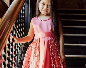 Girls Coral Dress, Flower Girl Dress, Peach Girl Dress, Little Girl Pageant Dress, Pink Girl Dress, Special Occasion Dresses