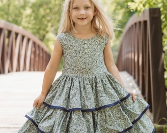 Blue Flower Girl Dress, Country Flower Dress, Ruffle Baby Dress, Toddler Navy Blue Outfit, Baby Girl Outfit, Special Occasion Outfit