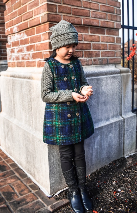 Baby Girl Plaid Winter Dress and Green Sweater, Winter Clothing for Girls,  Toddler Warm Clothes, Fall Clothing for Girls, Winter Girl Dress 