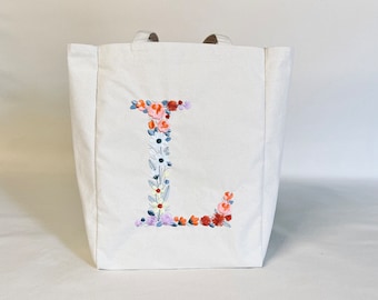 Personalized Embroidered Canvas Tote Bag,Monogram Floral,Natural Tote Bag, Cotton Canvas,Shopping Bag,Book Tote, Laptop Bag