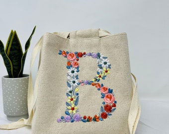 Embroidered Project Bag,Knitting Bag,Small Gift Bag,Yarn Storage,Crochet Project Bag,Gift For Knitter, Small Sewing Storage, Mothers Day,