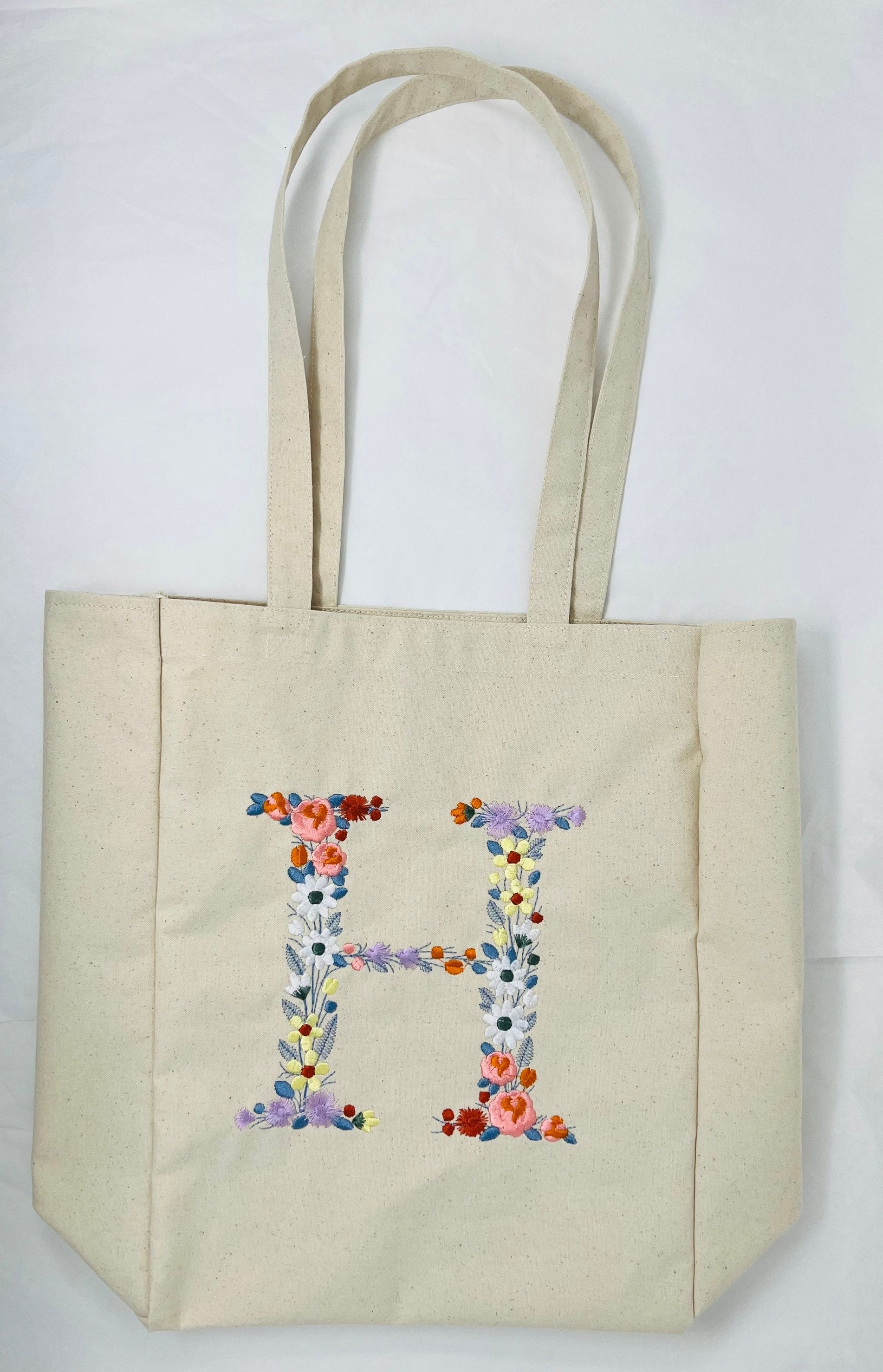 Personalized Embroidered Canvas Tote Bag,Monogram Floral,Natural Tote Bag, Cotton Canvas,Shopping Bag,Book Tote, Laptop Bag
