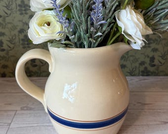Vintage Lillian Vernon Stoneware Pitcher | Blue Stripe Creamer Jug | Farmhouse Kitchen Decor