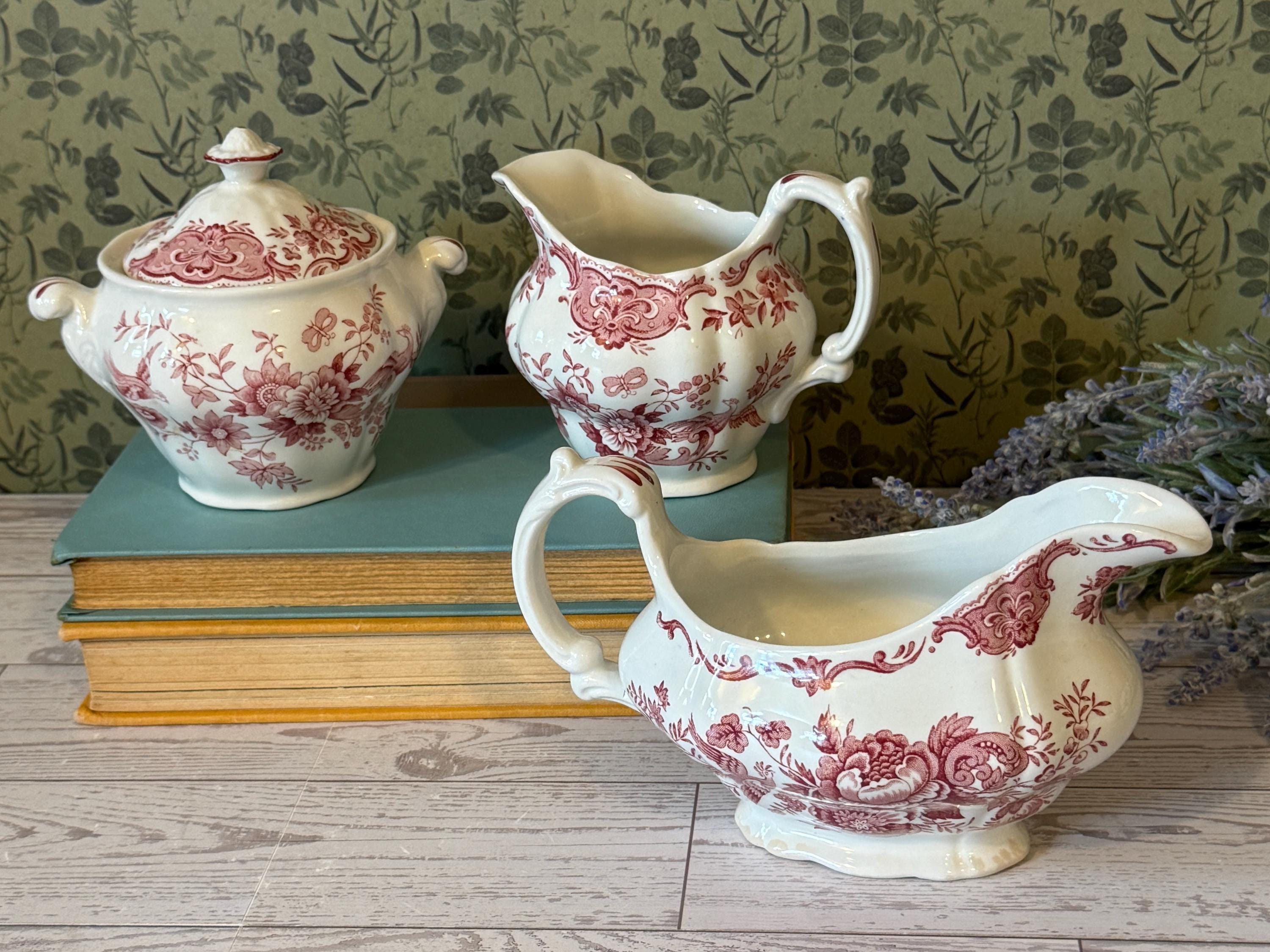 Floral Porcelain Sugar & Creamer Set | Red Classic Design For Coffee & Tea