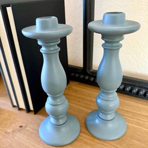 Vintage Blue Wooden Candlesticks | Set of 2
