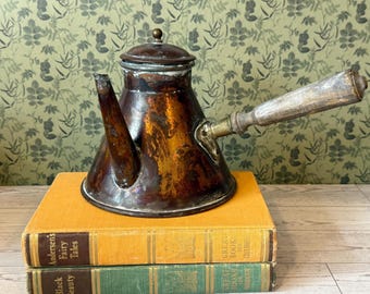 Vintage Copper Kettle with Wood Handle | Rustic Farmhouse Decor | Primitive Pour Spout Vessel