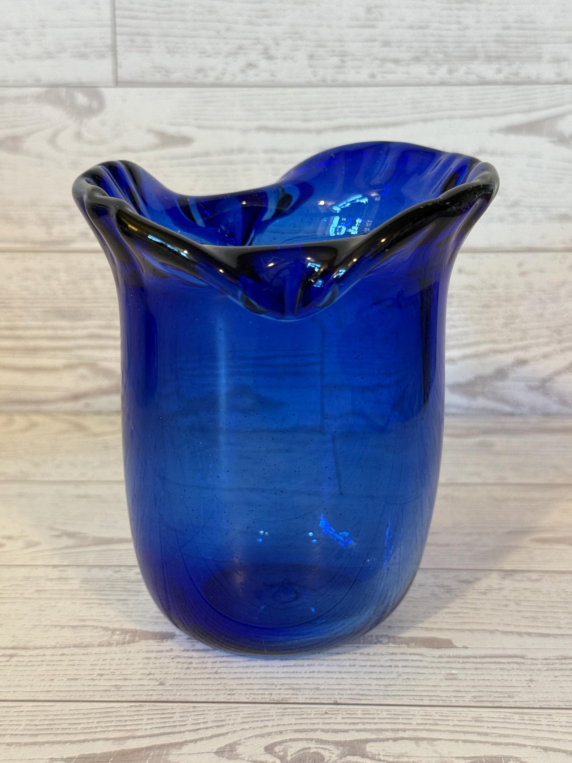 Hand Blown Cobalt Blue Art Glass Vase | Ruffled Rim Studio Bud Vase - Etsy