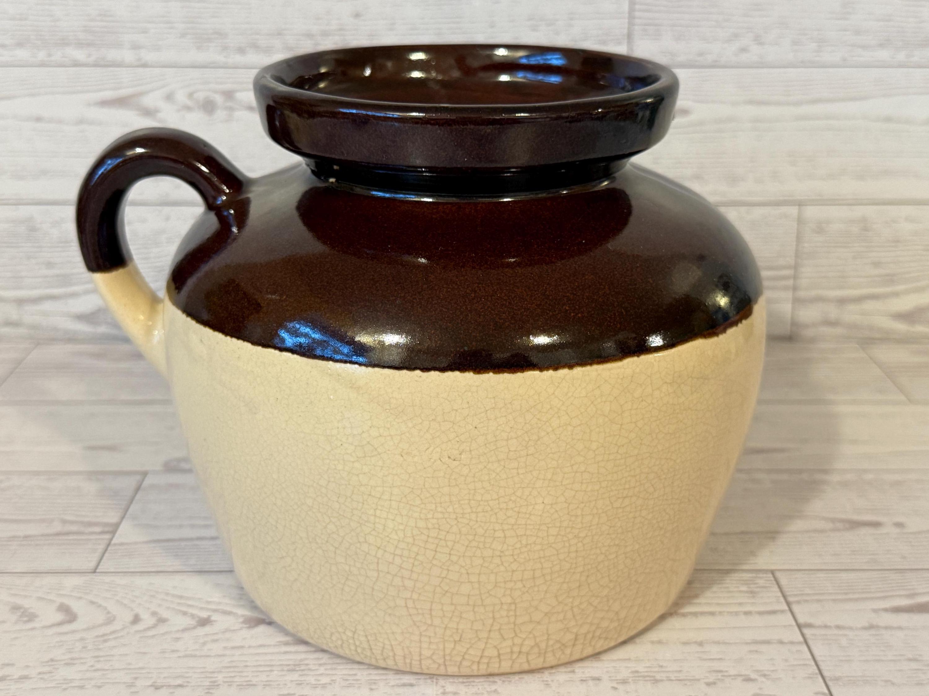Vintage RRP Stoneware Crock Jug Robinson Ransbottom Roseville Ohio Pottery 1940s Brown Cream Wide Mouth Handled Vessel Utensil Holder