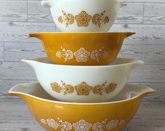 Vintage Pyrex Butterfly Gold Cinderella Bowl Set 441 442 443 444 Nesting Mixing Bowls 1970s