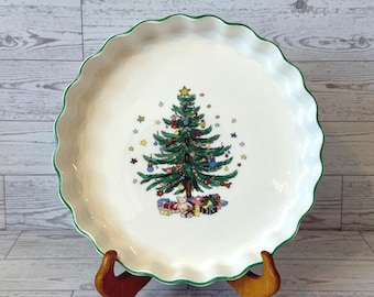 Molde para tarta con forma de árbol de Navidad de Nikko Japan (vintage) / Molde para quiche navideño / Fuente de cerámica con borde festoneado para hornear / Vajilla navideña / Apto para horno