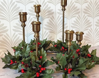 Vintage Brass Christmas Candelabra 6 Taper Candle Holder | 1970s Hong Kong | Holly Berry Advent Wreath Holiday Centerpiece