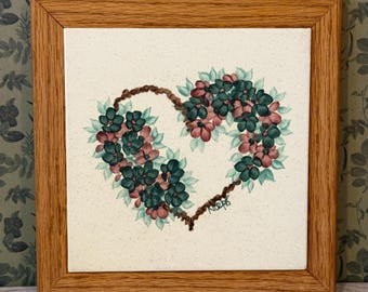 Vintage Hand-Painted Floral Heart Tile Trivet | Ceramic Oak Frame Decor