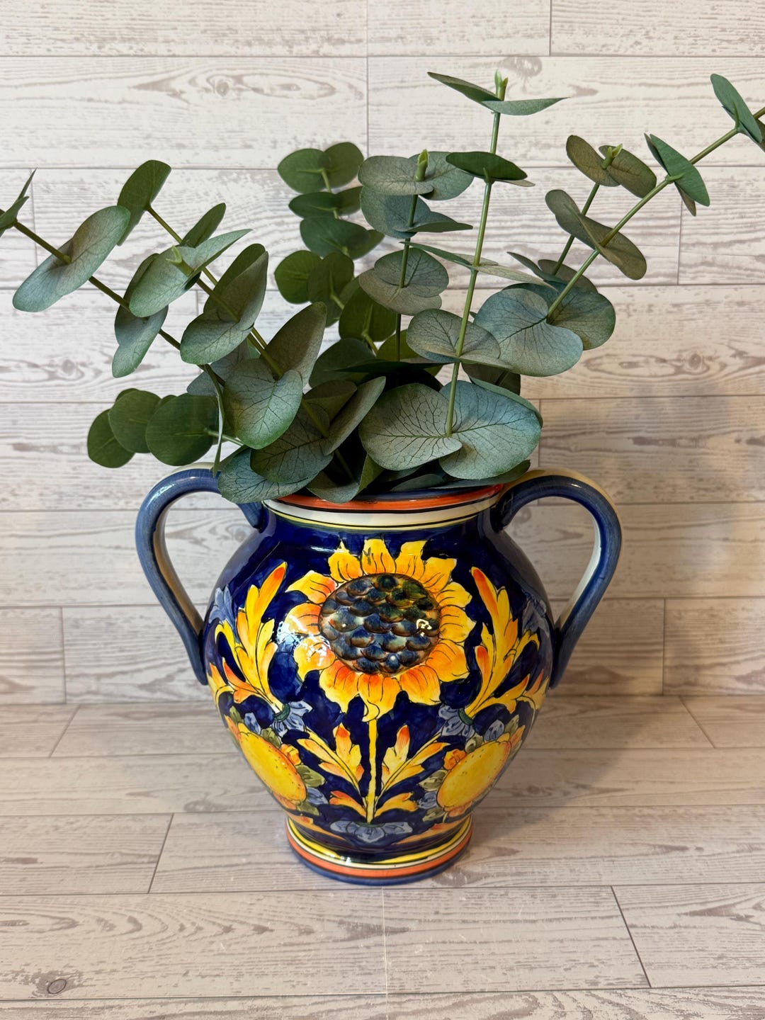 Vintage Sunflower Vase With Handles | Hand Painted Blue Ceramic Urn ...