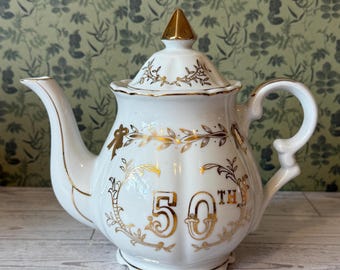 Vintage Lefton Teapot | White Porcelain Golden Anniversary Keepsake