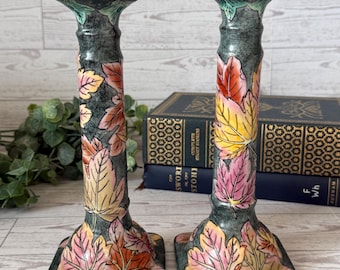 Vintage Ceramic Candlestick Holders Pair | Floral Taper Candle Holders | Chinoiserie Style Decor