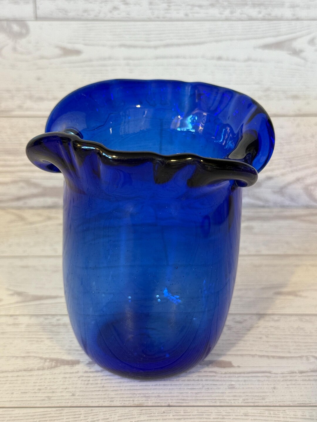 Hand Blown Cobalt Blue Art Glass Vase | Ruffled Rim Studio Bud Vase - Etsy