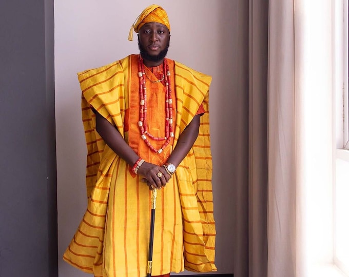 Agbada Set Nigerian Engagement Outfit Yoruba Mens Complete Aso Oke Yoruba Grooms Aso Oke Agbada African Grooms Outfit Aso Oke Agbada