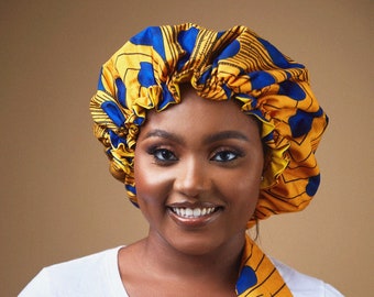 Reversible Satin Sleeping Bonnet: African Wax Print, Elastic Band