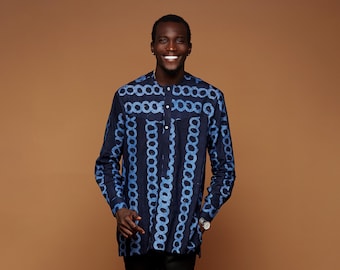 Camicia da uomo africana, camicia da uomo Ankara, camicia da uomo tie dye, camicia da uomo Ankara, camicia da festa da uomo africano, camicia blu navy da uomo africano, tunica da uomo