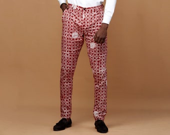 Red & white tie-dye batik slim fit cotton men pants, African print tailored pants for men, African wedding prom photo shoot men outfit, Pant