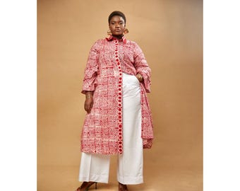 Ankara Shirt Dress, Puffed Sleeves, African Print Cotton Midi Dress