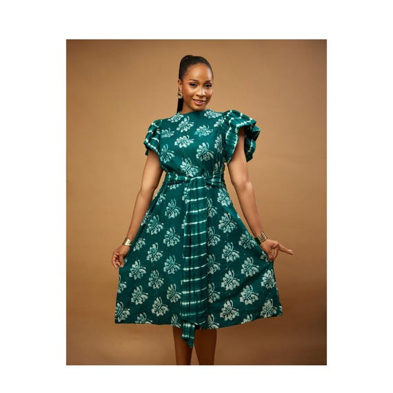 Ankara Cotton Midi Dress: Green & White Tie Dye, Detachable Belt - Etsy Ankara Cotton Midi Dress: Green & White Tie Dye, Detachable Belt - Etsy