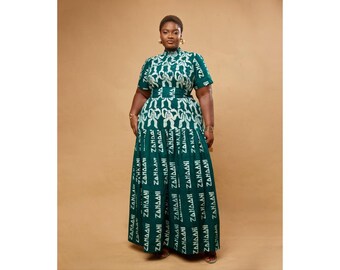 Hand-Dyed African Print Maxi Dress: Green Cotton Ankara Gown