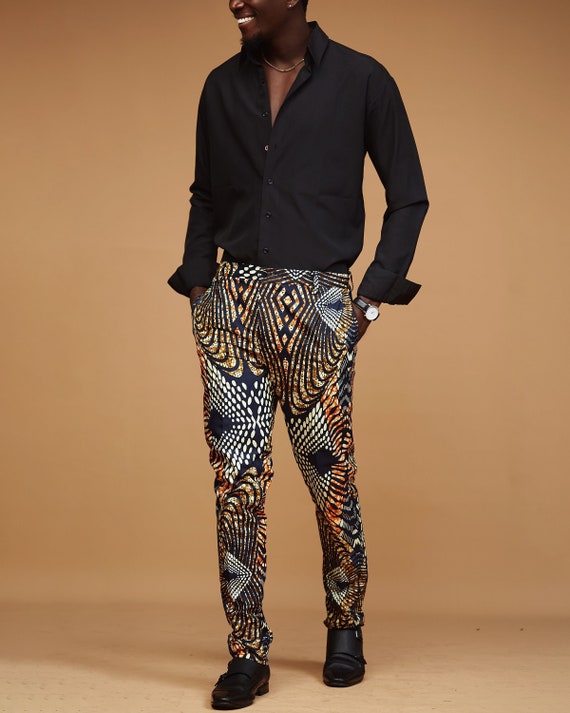 Men's Business Casual Pants – Black Gold Dragon Print Slim Fit Dress Pants With Light Stretch & Relaxed Fit Men's Dragon Print Dress Pants