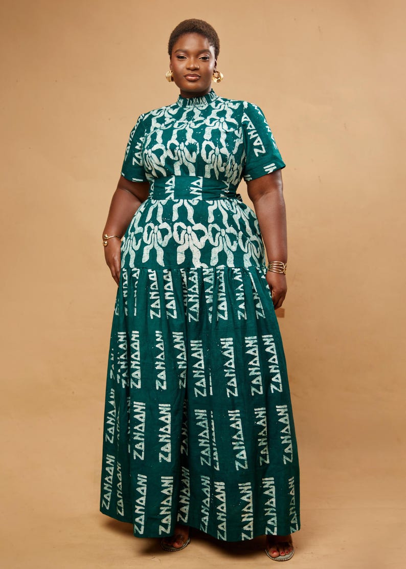 Hand-Dyed Ankara Maxi Dress: Yellow African Print Cotton Dress Green Maxi