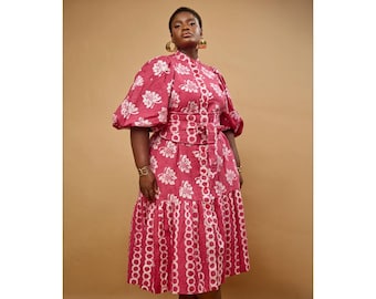 Abito camicia Ankara: abito lungo in cotone batik tinto a mano con maniche a sbuffo