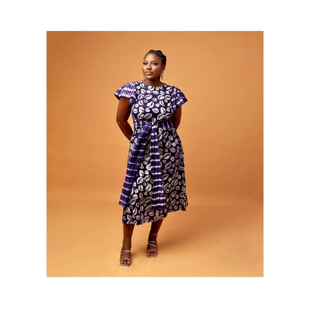 ankara a line dresses Ankara Cotton A-line Dress: Detachable Belt, Flare Sleeves