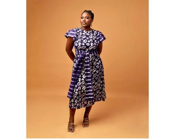 Ankara Cotton A-Line Dress: Detachable Belt, Flare Sleeves