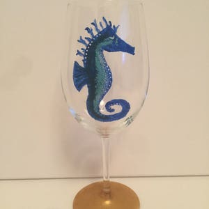 Blue seahorse stem wine glass