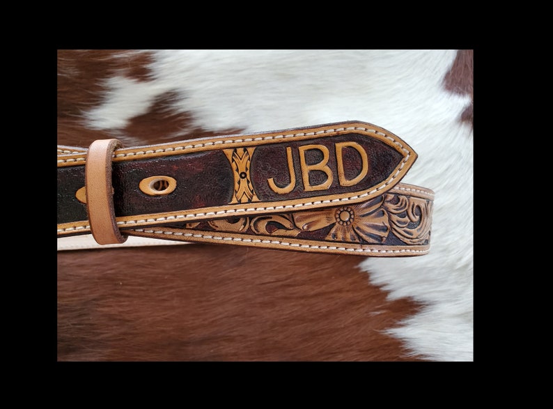 Tooled Leather Belt with Initials Western Belt Custom Belt Etsy