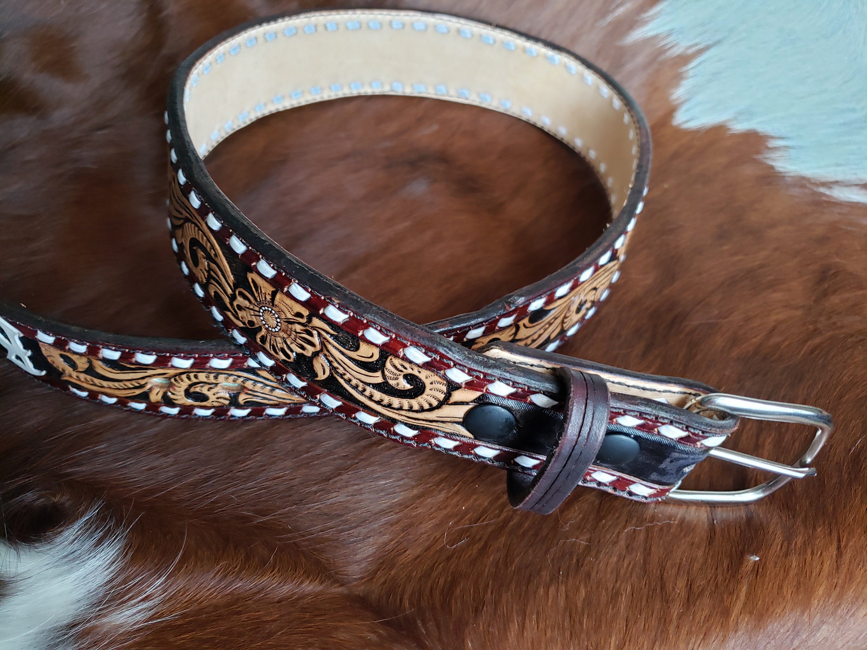 Tooled Leather Belt with Initials Buckstitched Western Belt Etsy