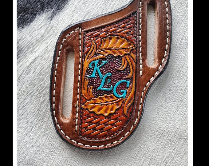 Slanted Pancake Style Pocket Knife Sheath Basket Weave With Leaves