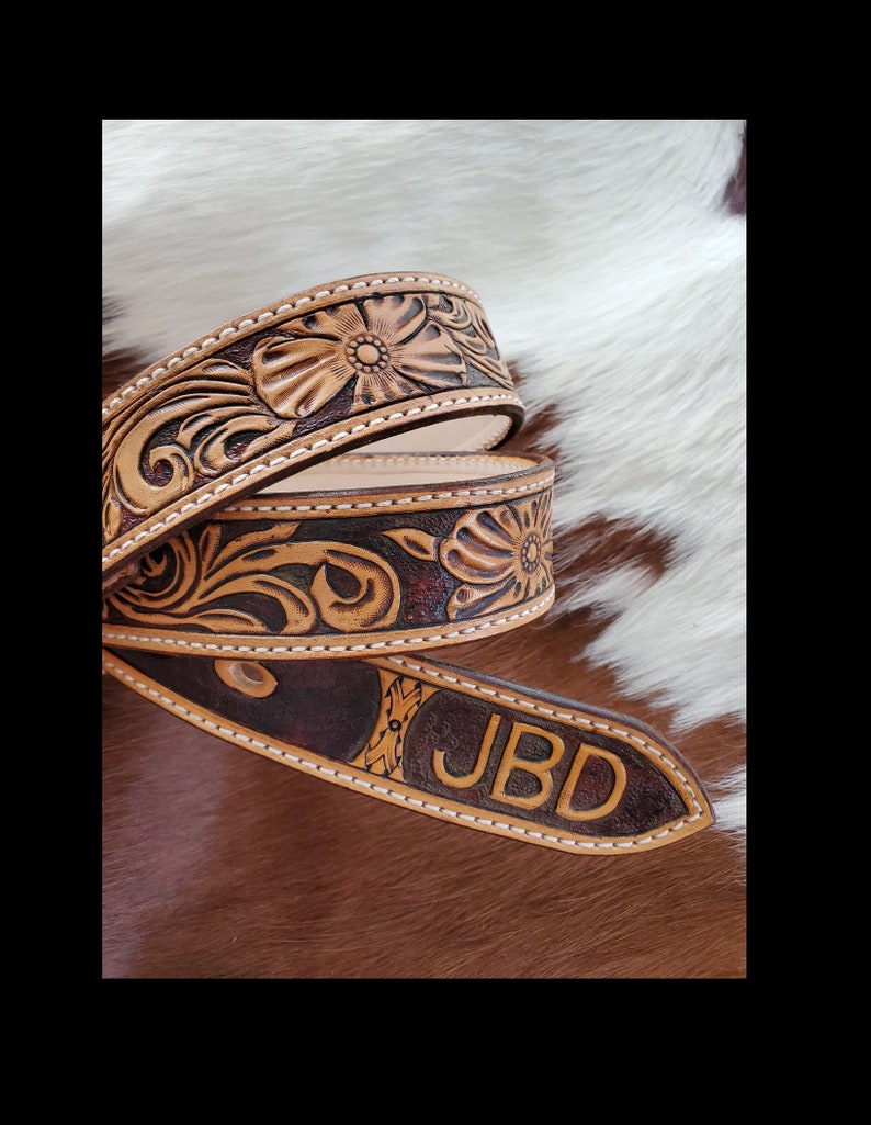 Tooled Leather Belt with Initials Western Belt Custom Belt Etsy