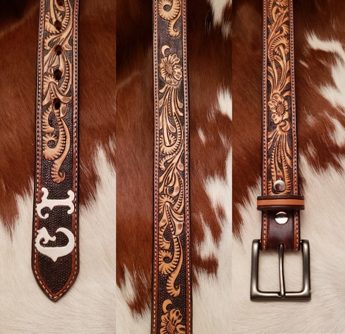 Tooled Leather Belt with Initials Western Belt Custom Belt | Etsy